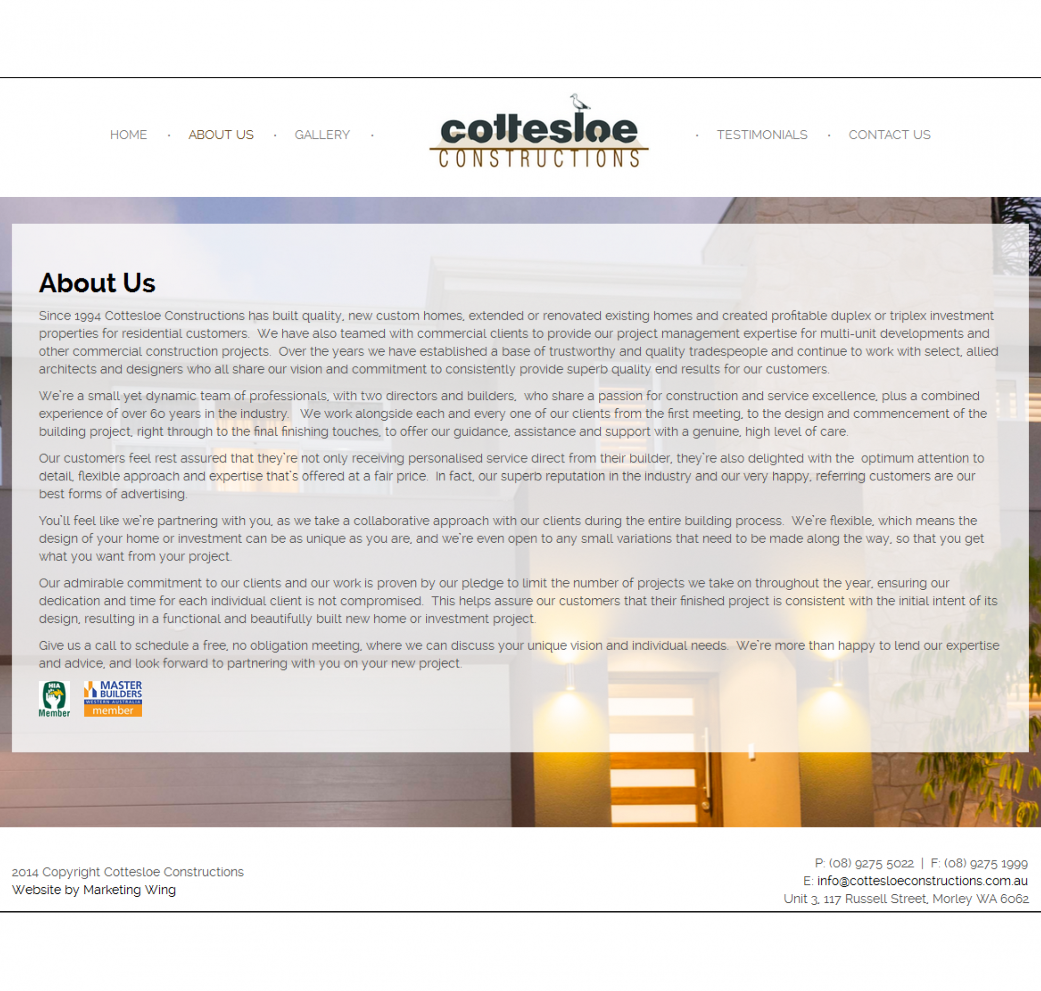 Marketing Wing website development for Cottesloe Constructions