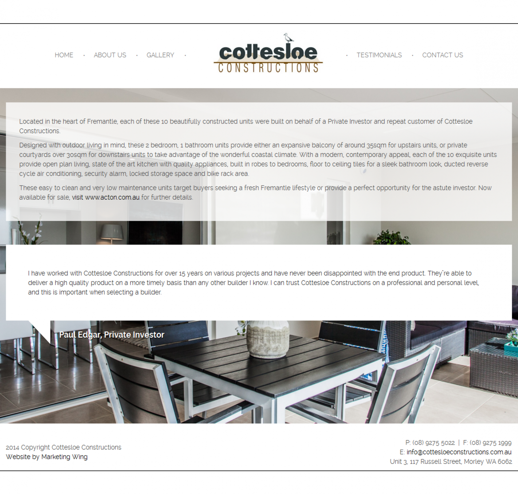 Marketing Wing website for Cottesloe Constructions